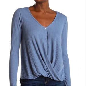 White Willow Cornflower Blue Faux Wrap Long Sleeve Ribbed Thermal Top